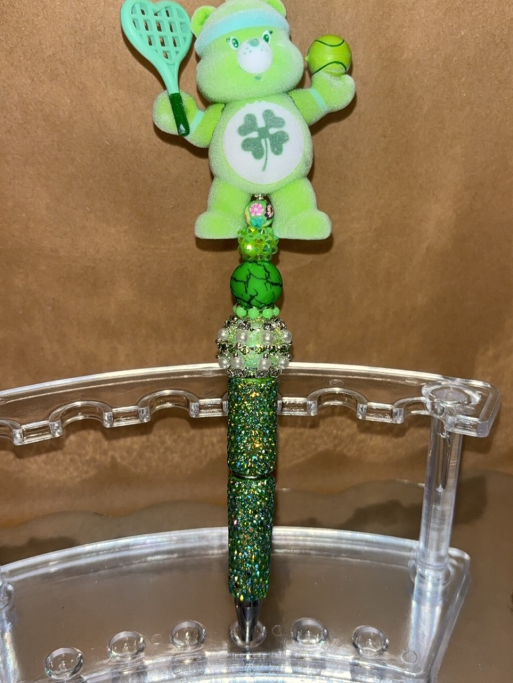 Green Glitter Beaded Pen with Shamrock Carebear